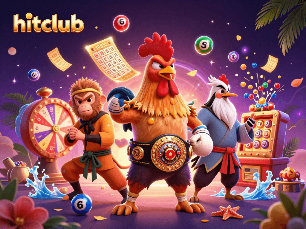 Join the hitclub with vibrant lottery balls, a Muay Thai rooster, and a Shaolin monkey in action.