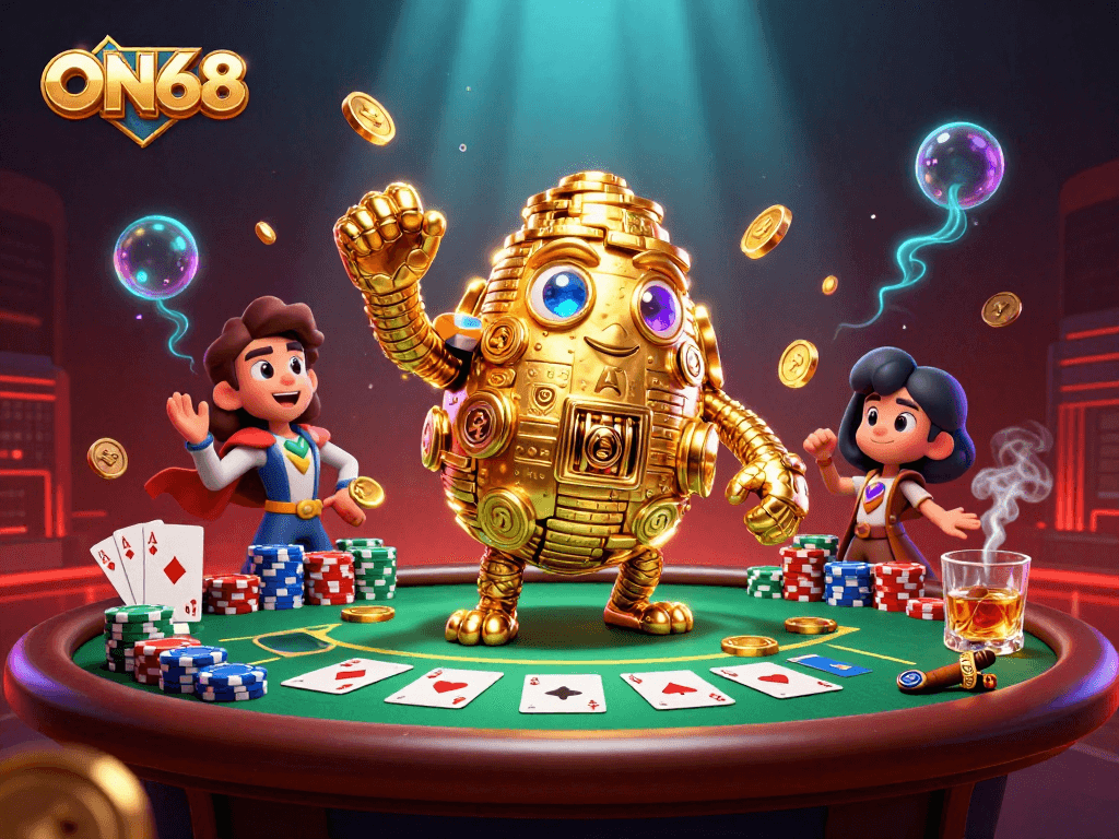 Experience thrilling gaming at ON68 with a golden golem and vibrant poker scene.