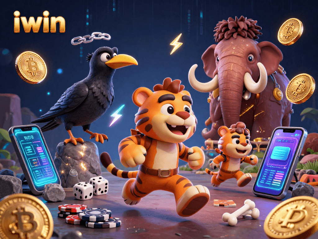 iwin showcases a vibrant scene of prehistoric casino fun with crypto elements and engaging characters.