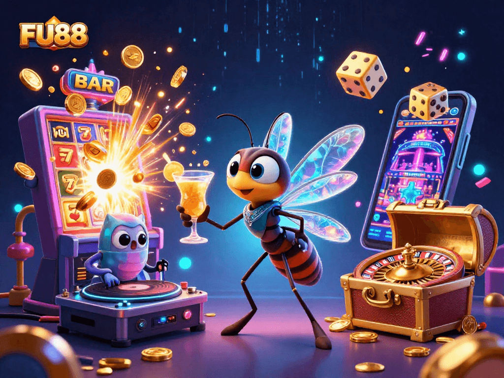 Experience the excitement of FU88 with dynamic 3D characters and casino elements in an engaging illustration.