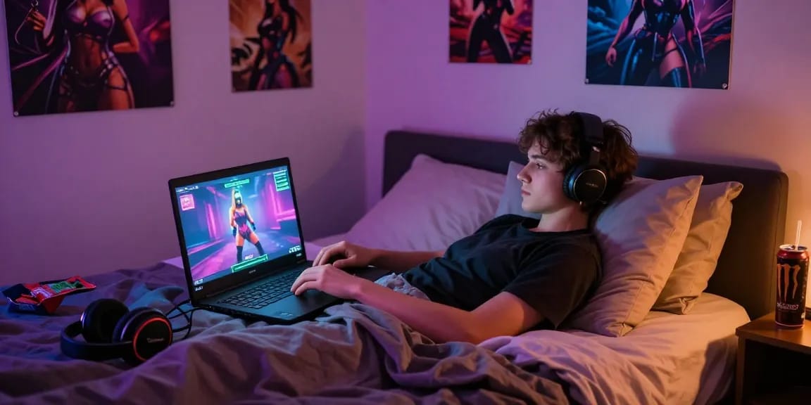 Engaging player enjoying game sex on laptop in cozy bedroom.
