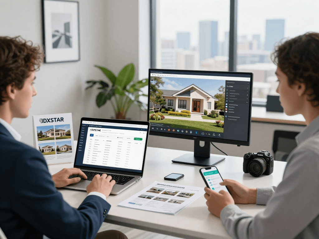 Real estate professional using IDXSTAR platform in a modern office.