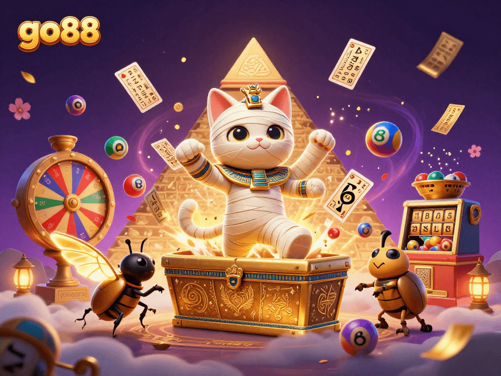 Experience go88 excitement with a dynamic scene featuring a mummy cat and scarab in a vibrant casino.