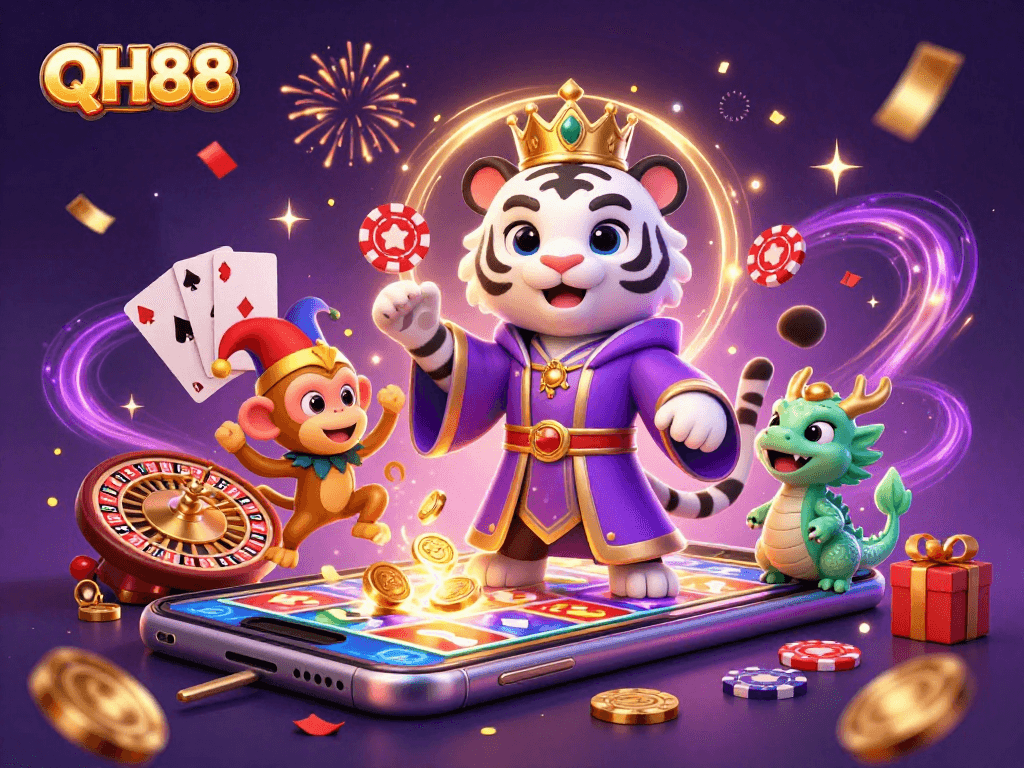 QH88's vibrant casino scene with a white tiger, golden monkey, and jade dragon bringing action.