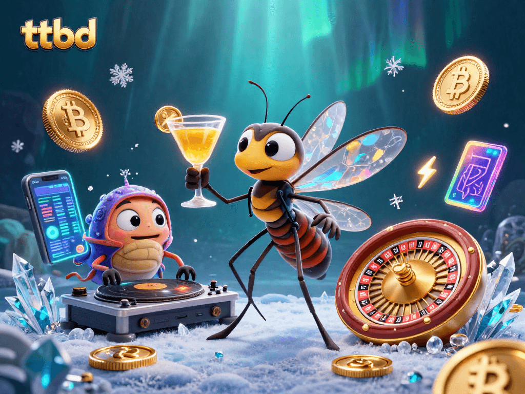 Experience ttbd at the vibrant casino scene with neon coins and fossil-themed characters.