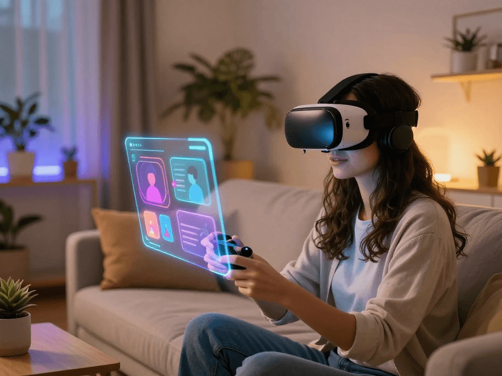 Experience interaction with an AI girlfriend in a cozy virtual reality setting.