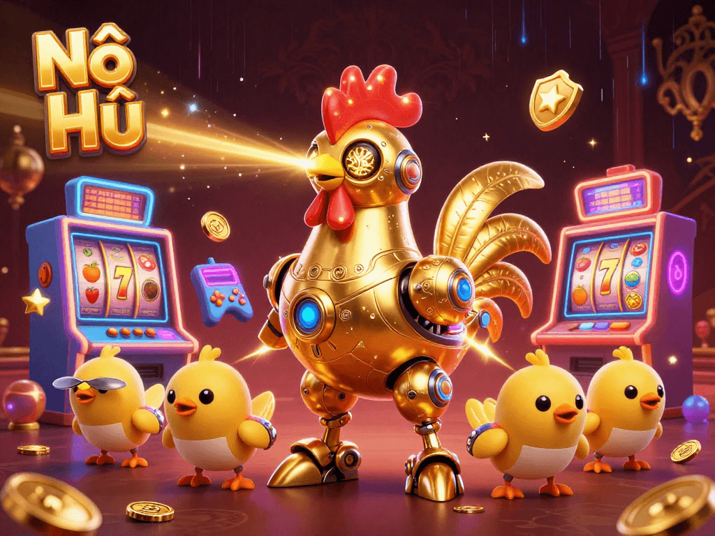 Nổ Hũ slot gaming scene with a golden rooster robot and baby chick drones, surrounded by vibrant slot machines and glowing coins.