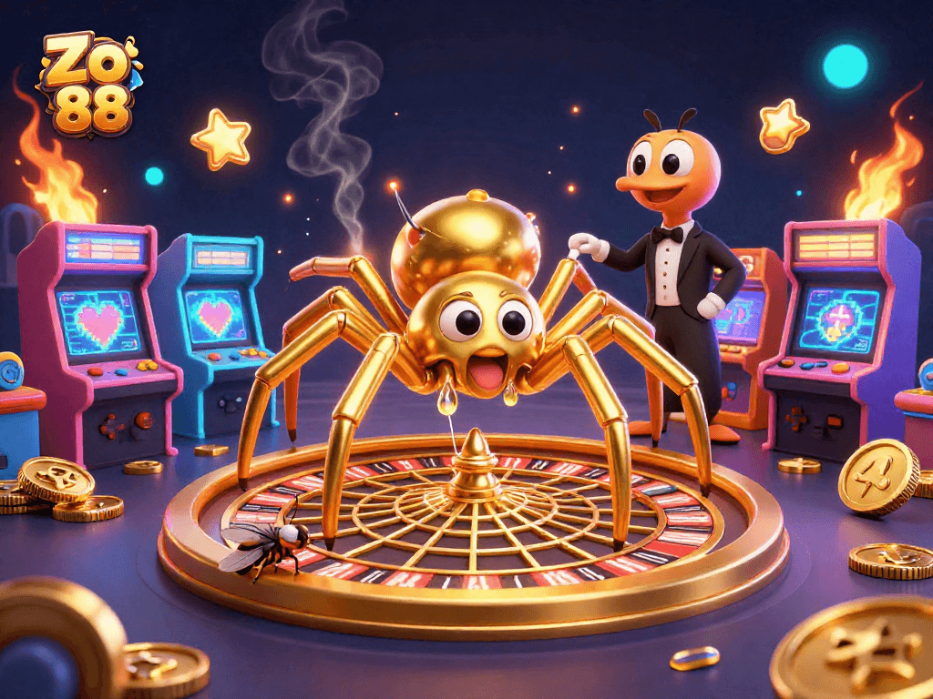 Experience thrilling bets at Zo 88 with a golden spider and colorful casino games in a dynamic 3D scene.