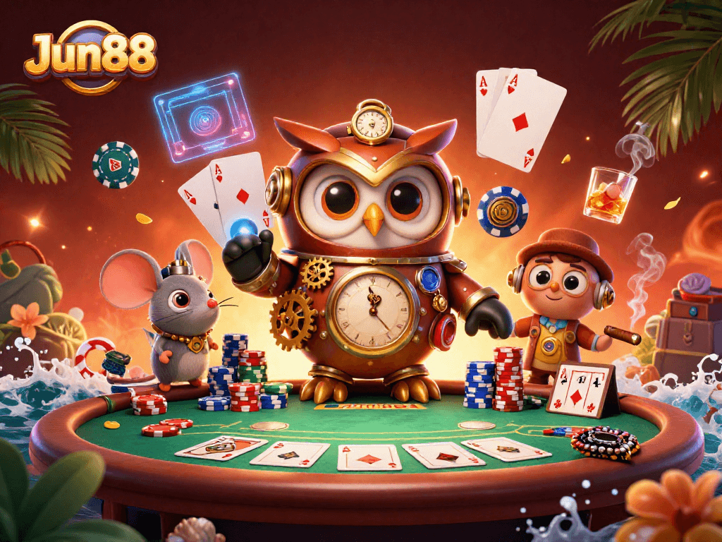 Experience thrilling play at Jun88 with a steampunk owl in a vibrant casino scene.
