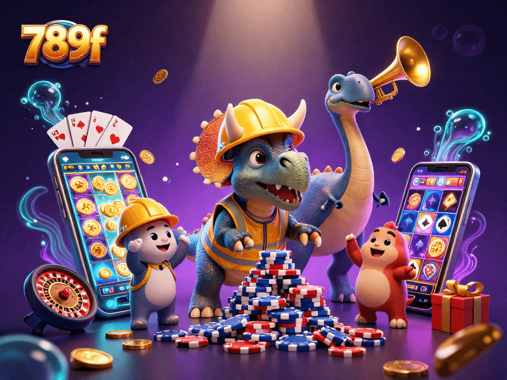 Join the excitement with 789f as triceratops builds poker chip pyramid in a vibrant casino scene.