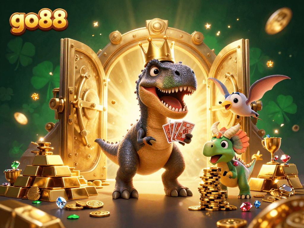 Engage with go88's vibrant casino illustration featuring a T-Rex, pterodactyl, and triceratops in action.
