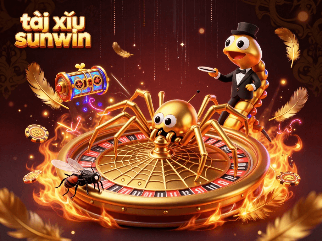 Engage with tài xỉu sunwin action as a golden spider spins a roulette wheel in a vibrant casino scene.