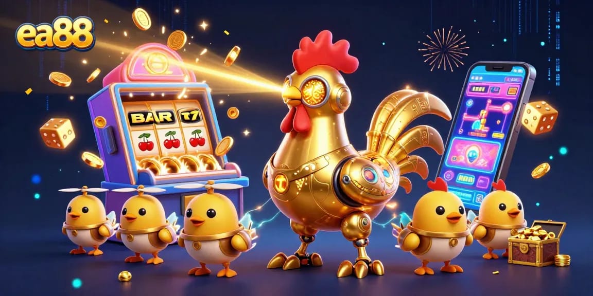 Engage in the thrilling casino experience with ea88's golden rooster robot and flying coins in a vibrant game scene.