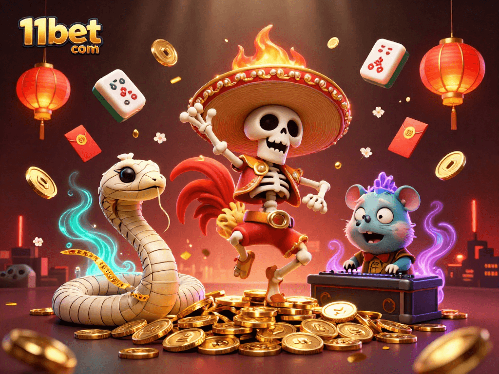Engage in thrilling gameplay at 11bet com with a festive casino scene full of vibrant characters.