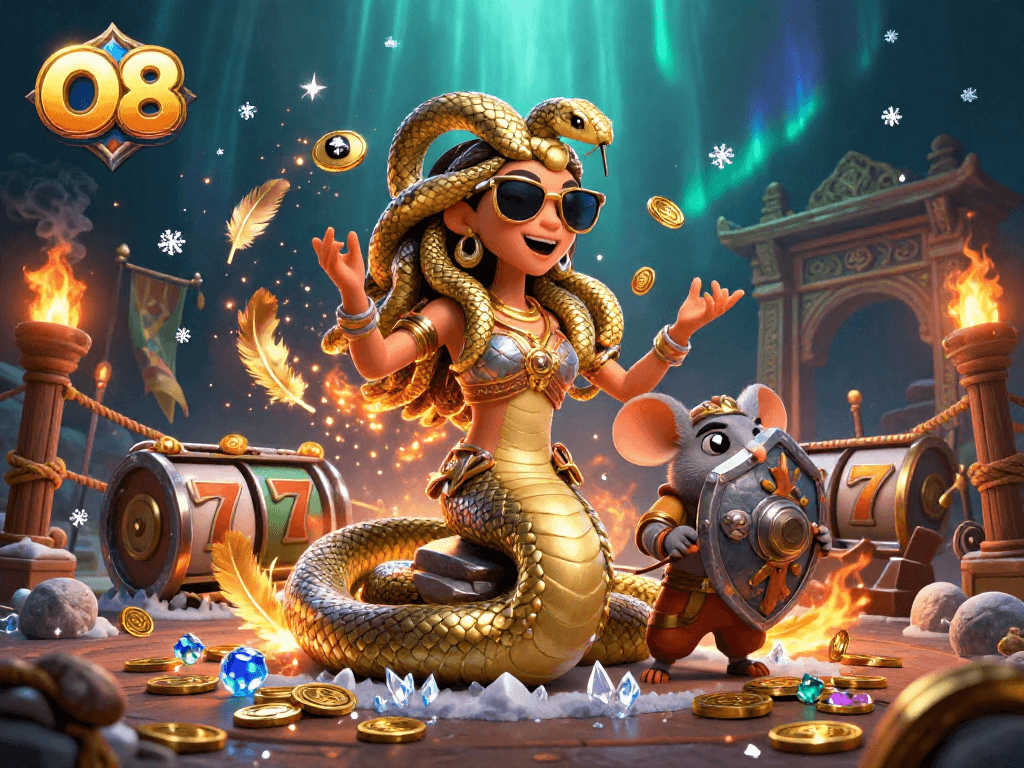 O8 showcases an energetic casino battle scene with Medusa and a warrior mouse amidst slot reels and gold coins.