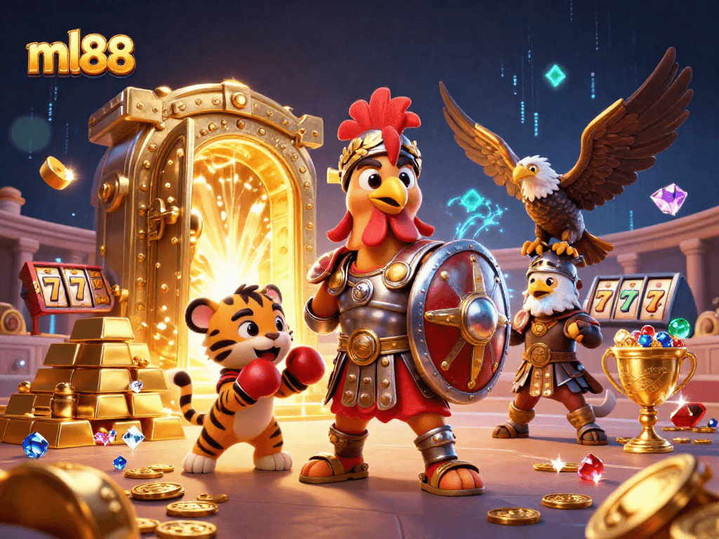 Experience the excitement of ml88 in a vibrant 3D casino scene with dynamic characters and treasure.