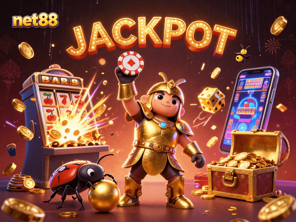 Join the exciting net88 jackpot adventure featuring vibrant 3D beetles celebrating a big win!