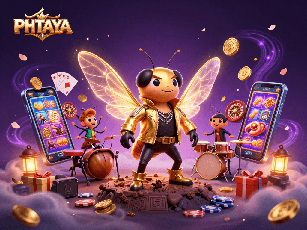 PHTAYA showcases a lively casino scene with a cicada rock star, vibrant games, and festive decorations.