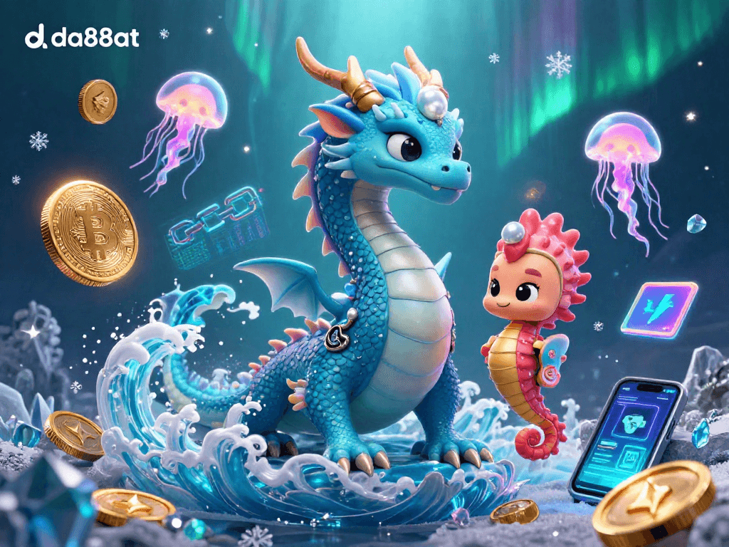 Experience the magic of da88at with a vibrant 3D undersea casino scene featuring fantasy characters and crypto elements.