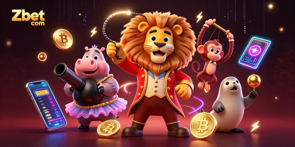 Zbet com showcases an energetic scene with a lion, hippo, monkey, and seal amidst neon-lit cryptocurrency elements.