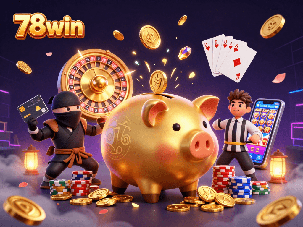 Experience thrilling gameplay at 78win with a dynamic scene featuring vibrant casino elements.