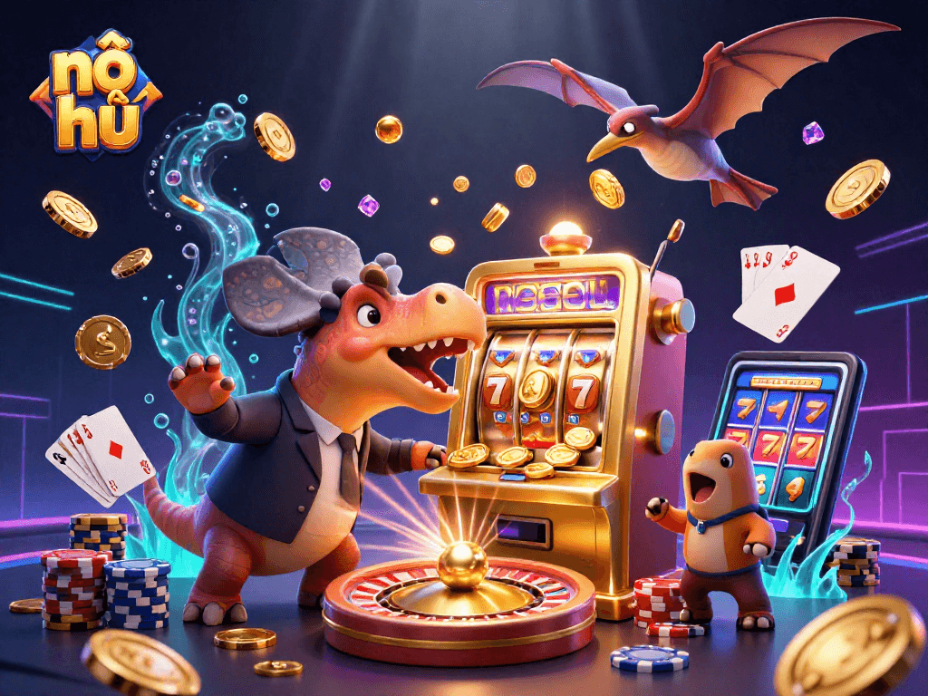 nổ hũ attracts players with a golden jackpot as a pachycephalosaurus interacts with a slot machine.