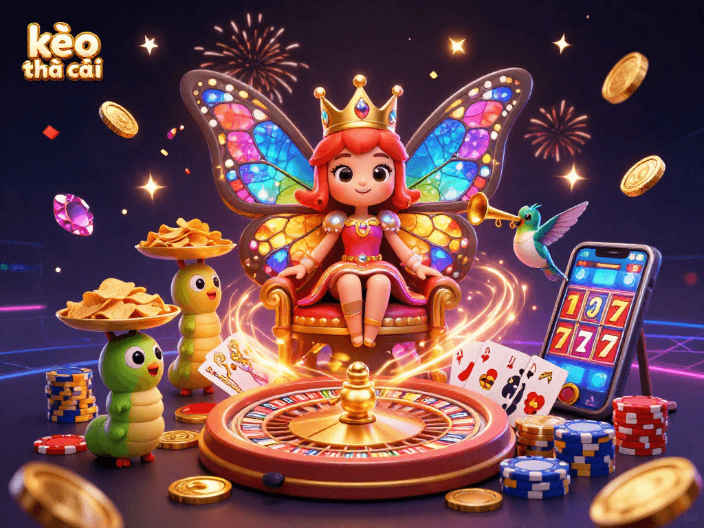 Experience kèo nhà cái excitement with a colorful casino scene featuring a butterfly queen and dynamic game elements.