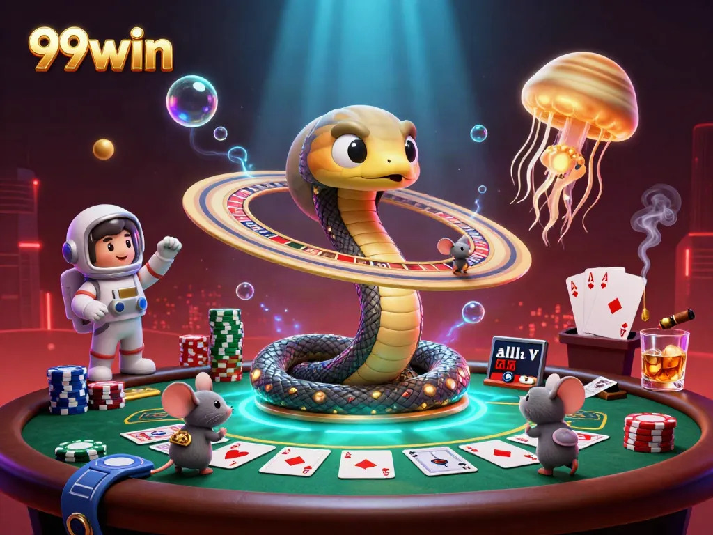 Experience thrilling gameplay at 99win with cosmic characters engaging in a lively casino scene.
