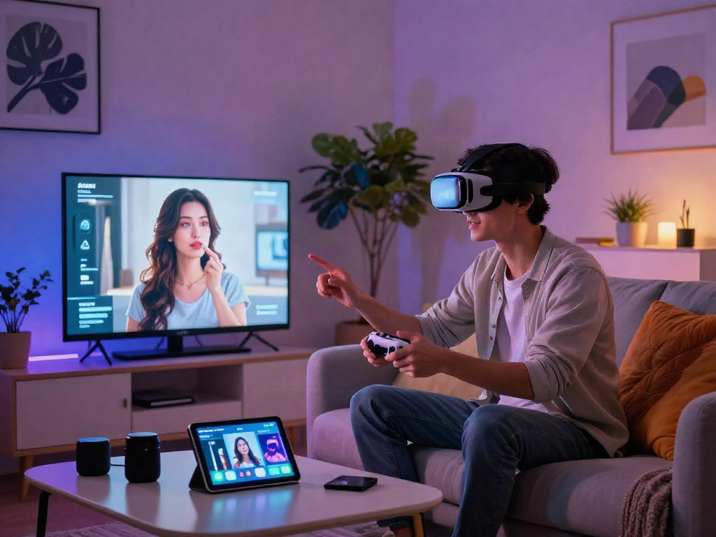 AI girlfriend experience with a digital couple enjoying a virtual date at home.