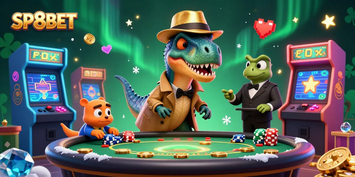 SP8BET showcases a colorful 3D casino scene with a velociraptor card counter and lively gaming elements.
