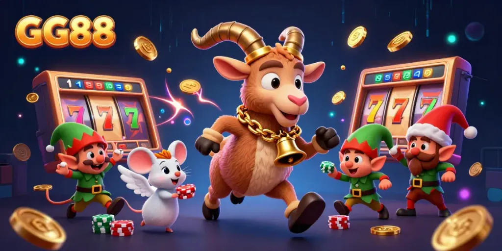 Experience the thrill at GG88's vibrant holiday-themed casino with Krampus, an angel mouse, and cheeky elf gremlins amidst lively gaming elements.
