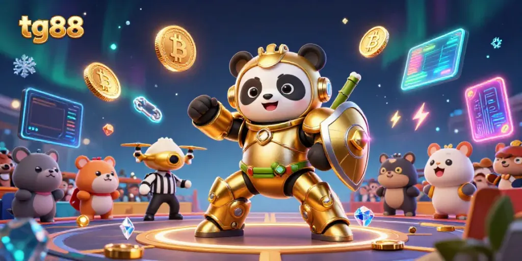 Engage with tg88's vibrant casino scene featuring a golden panda mech in action.