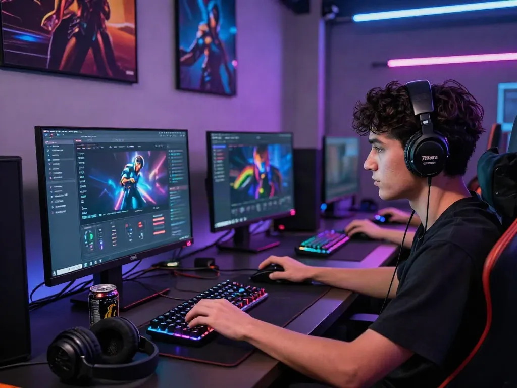 Engaged gamer playing on 78win platform, showcasing vibrant interface and gaming setup.