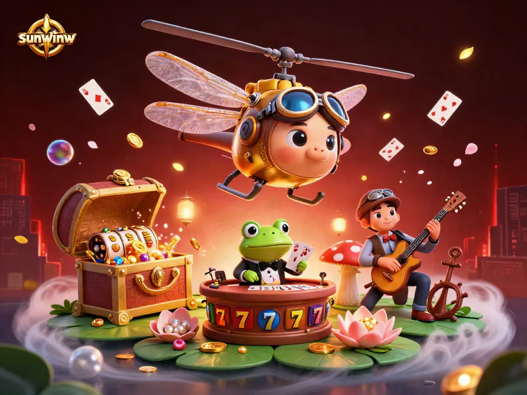 Spin the reels at sunwinw's vibrant lily pad casino with a dragonfly pilot and frog dealer!