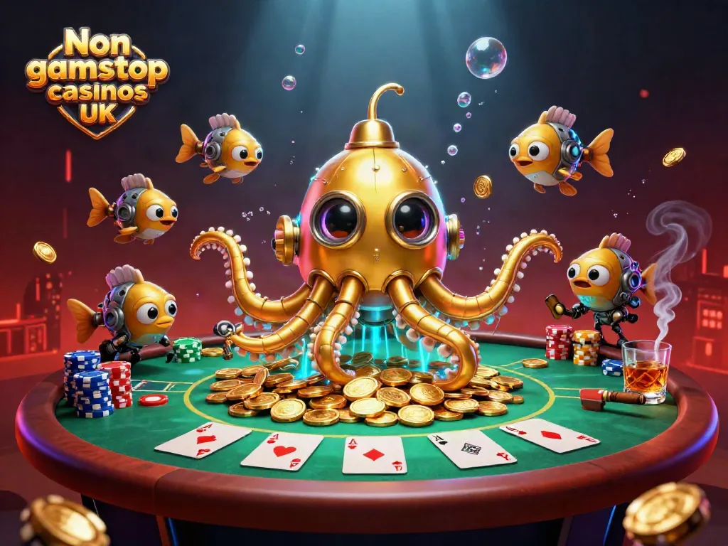Experience the thrill of Non gamstop casinos UK with a stunning kraken submarine and poker atmosphere.