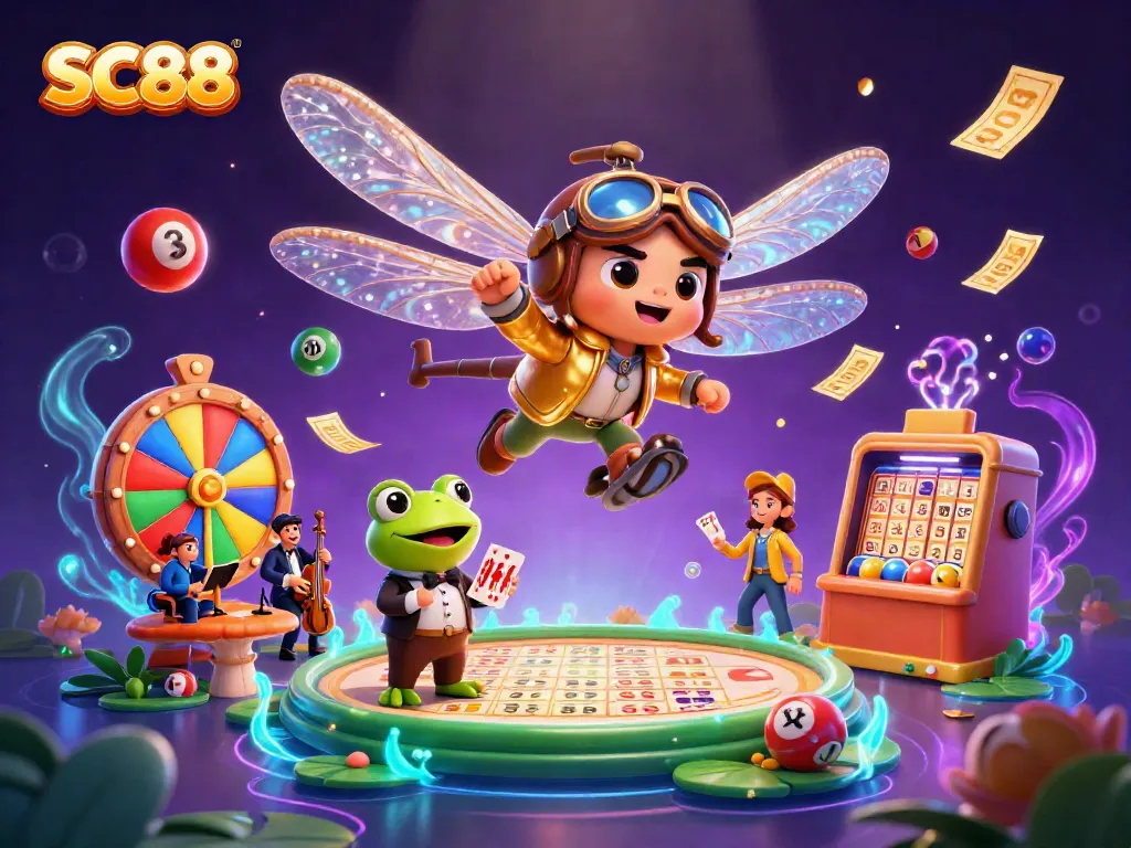 Experience thrilling gaming with SC88 in a vibrant casino scene featuring a dragonfly pilot and frog croupier.