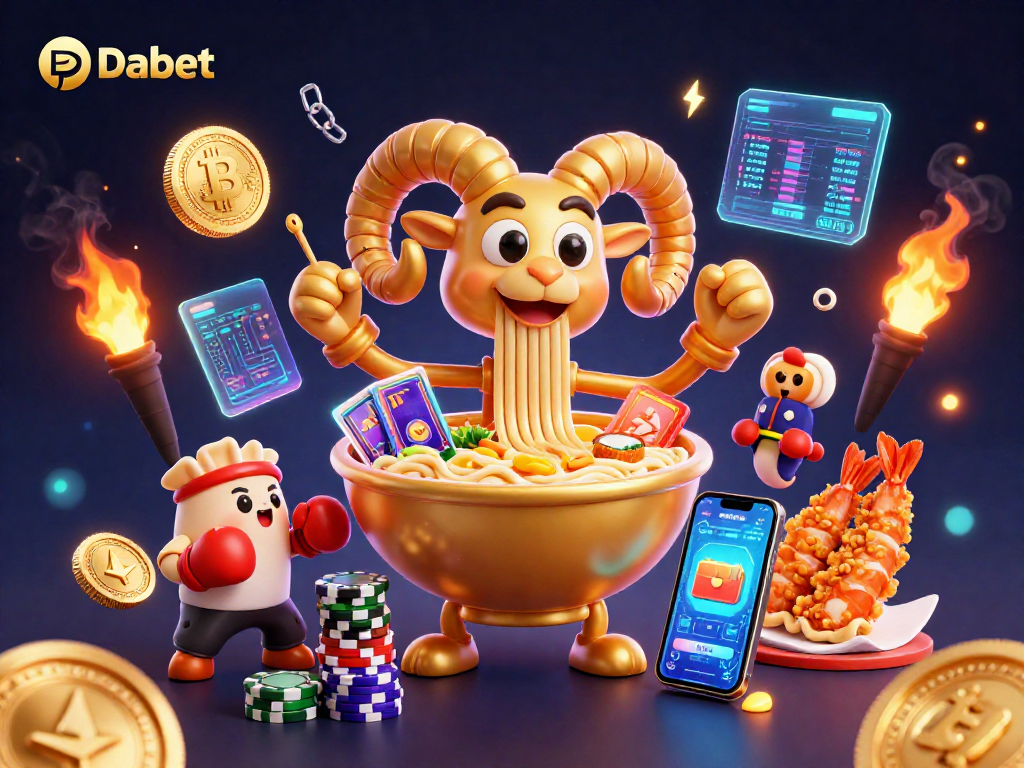 Dabet showcases an energetic 3D illustration of a ramen bowl dealing cards in a crypto casino themed environment.