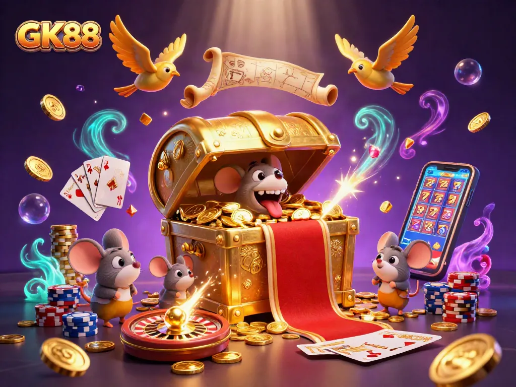 Join the excitement at GK88 with a vibrant scene of treasure and casino action!