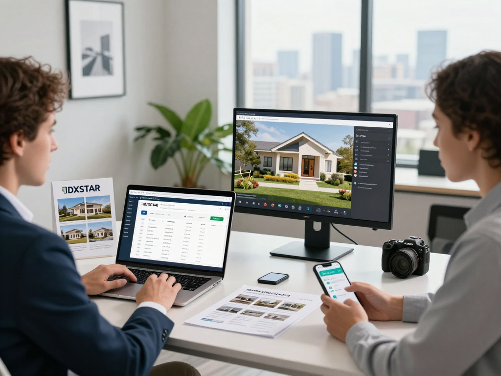 Real estate professional using IDXSTAR platform in a modern office.