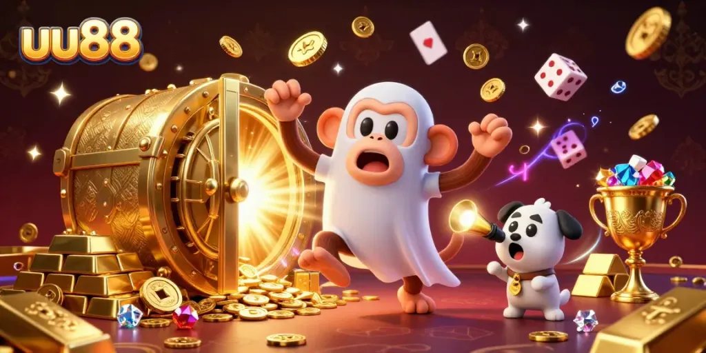 Experience thrilling gameplay at uu88 with a mischievous ghost monkey juggling treasures in a vibrant casino.