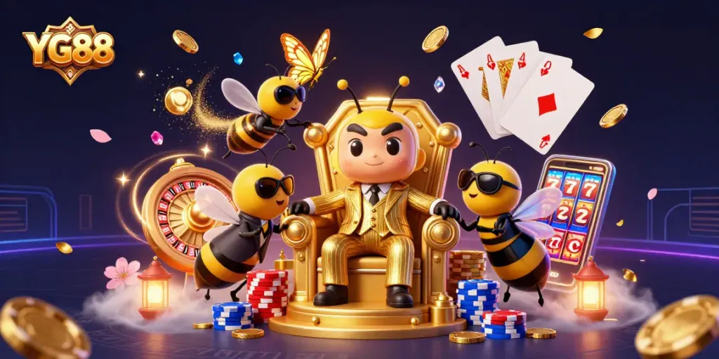 YG88 features an engaging cartoon scene with a bumblebee mob boss, vibrant casino elements, and dynamic treasures.
