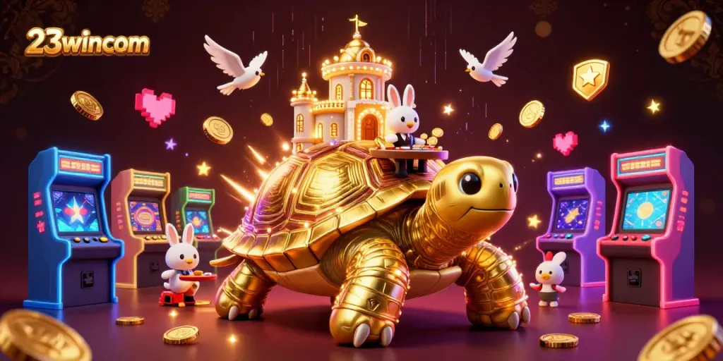 Engage with 23wincom's vibrant casino world, featuring a tortoise palace and energetic game elements.