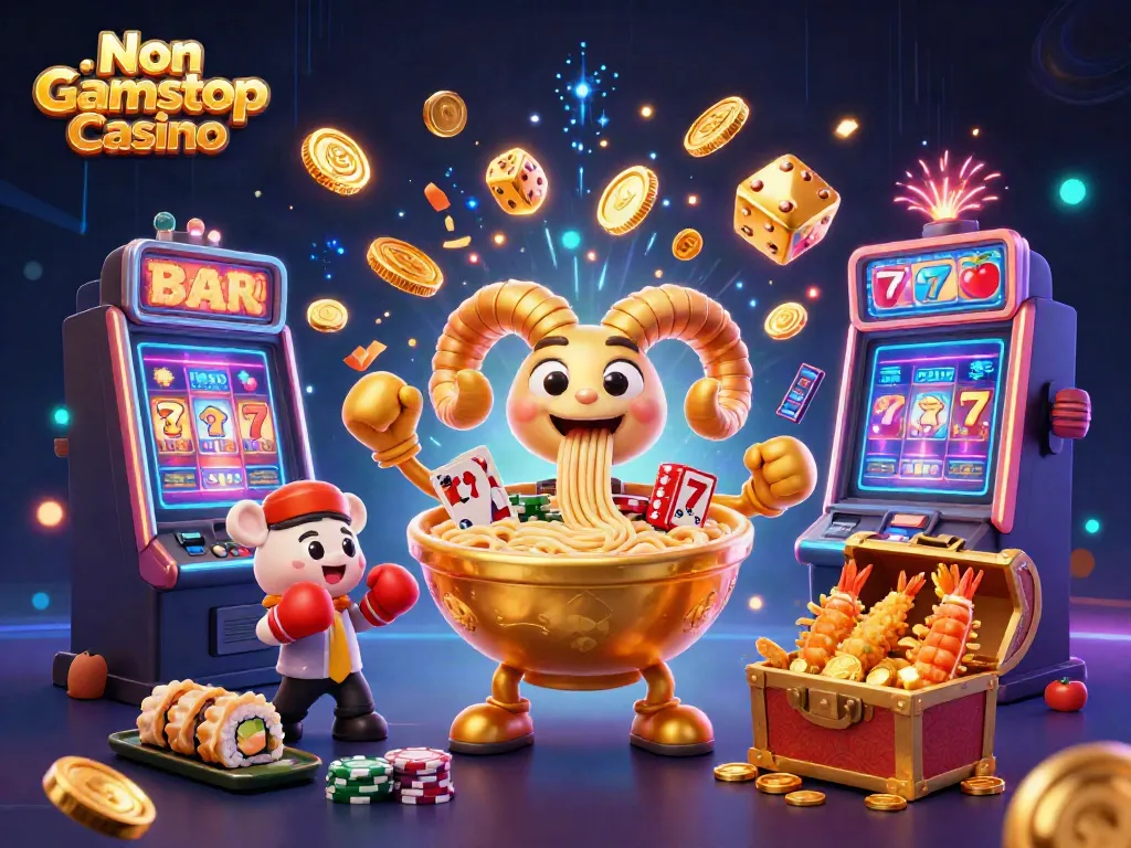Non Gamstop Casino illustration featuring a giant ramen bowl dealer surrounded by fun casino elements.
