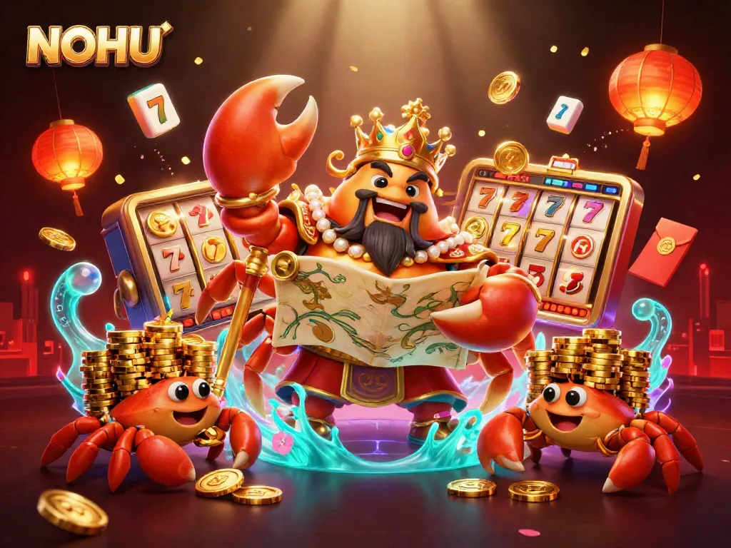 Experience exciting gameplay adventures with NOHU's vibrant casino representation featuring a golden crab and game elements.
