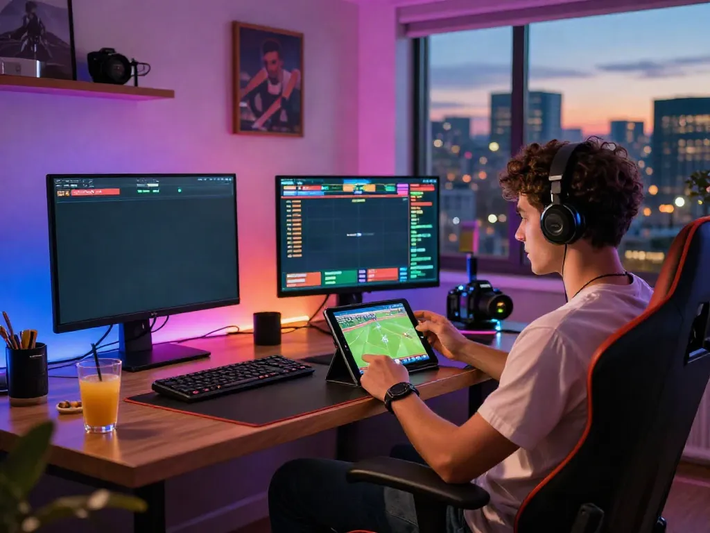 Engaging online betting scene featuring 11 bet, a person using a tablet in a vibrant gaming setup.