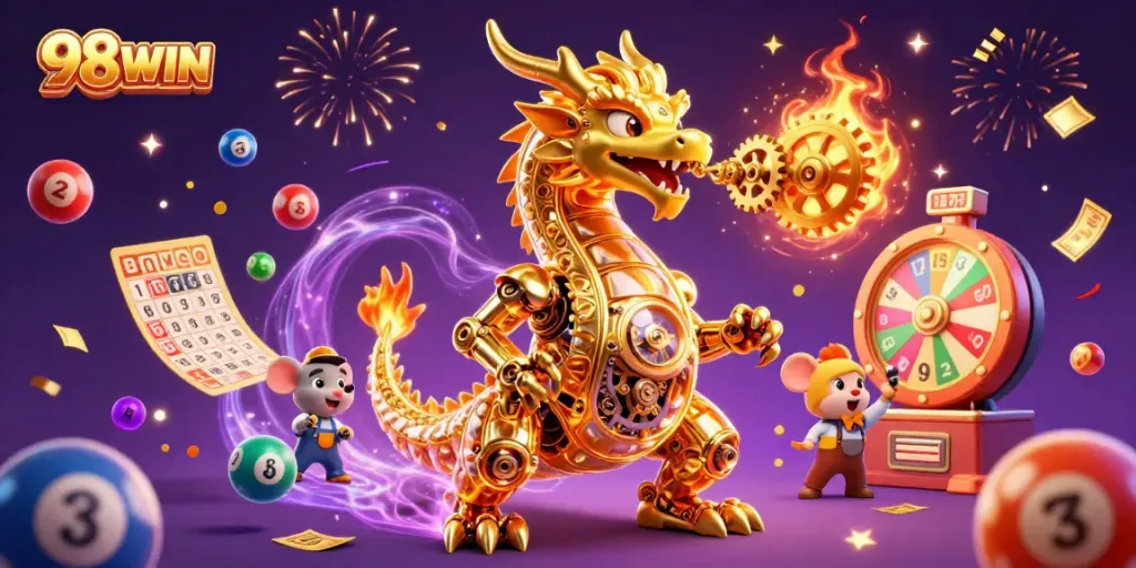 Engage with 98WIN as the golden dragon breathes gears and jackpots in a vibrant casino world.