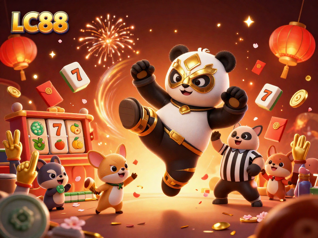 Experience thrilling slots action at LC88 with a dynamic wrestling panda and festive game elements.
