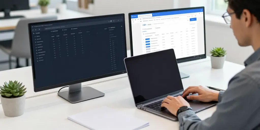 SEO specialist analyzing instant indexing strategies on dual monitors in a modern office.