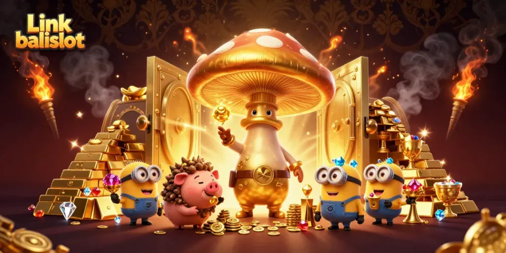Experience excitement in Link balislot with dynamic 3D characters and treasure in a vibrant casino scene.