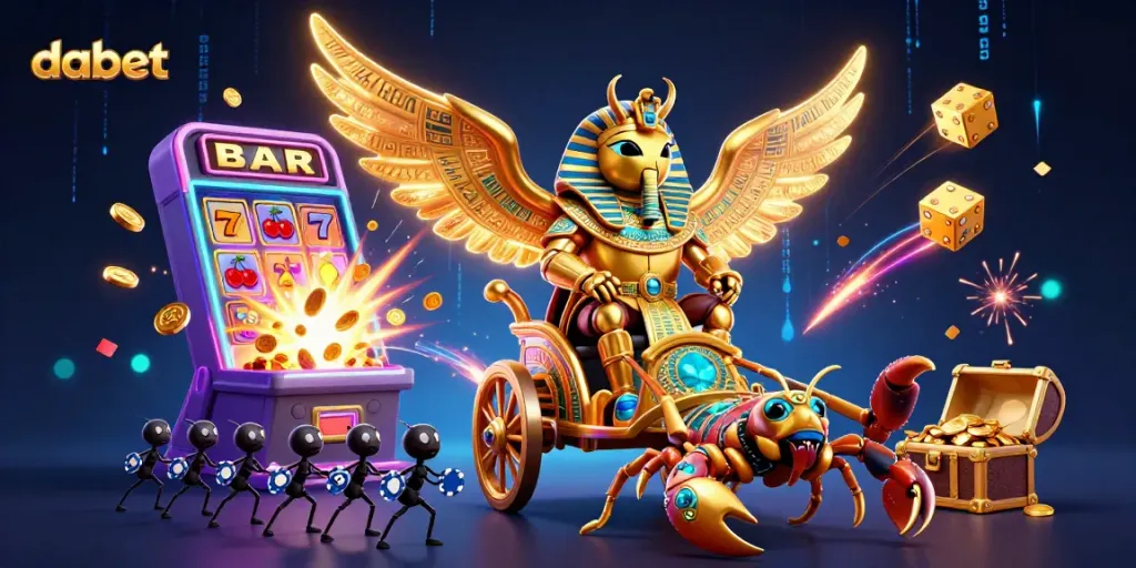 Dabet showcases thrilling casino excitement with a colossal scarab beetle and vibrant slot machine action.
